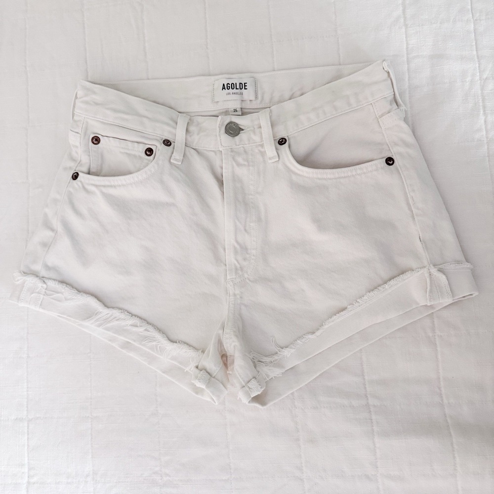 Agolde Parker Shorts 25 Cut Off Cuffed Hem Frayed Button Fly Off White Ivory - Picture 2 of 9